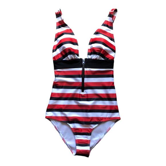 ModCloth NWT Dharla Sporty Red White Black Stripe Sexy Zip One-Piece Swimsuit XS - Picture 3 of 14